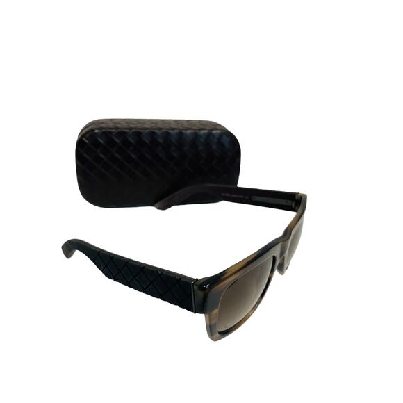 BOTTEGA VENETA Black Intrecciato Leather Havana Square Sunglasses